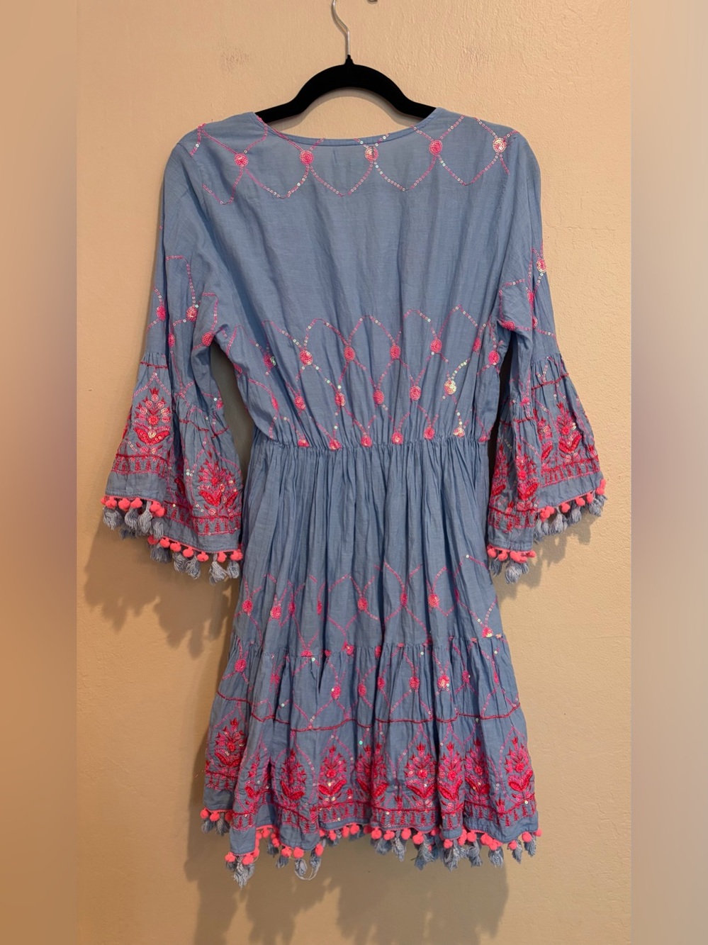 Beautiful Mid-Summer Ocean Blue Mini Dress, w/ Neon Pink Sequins and Seashells - Picture 9 of 11